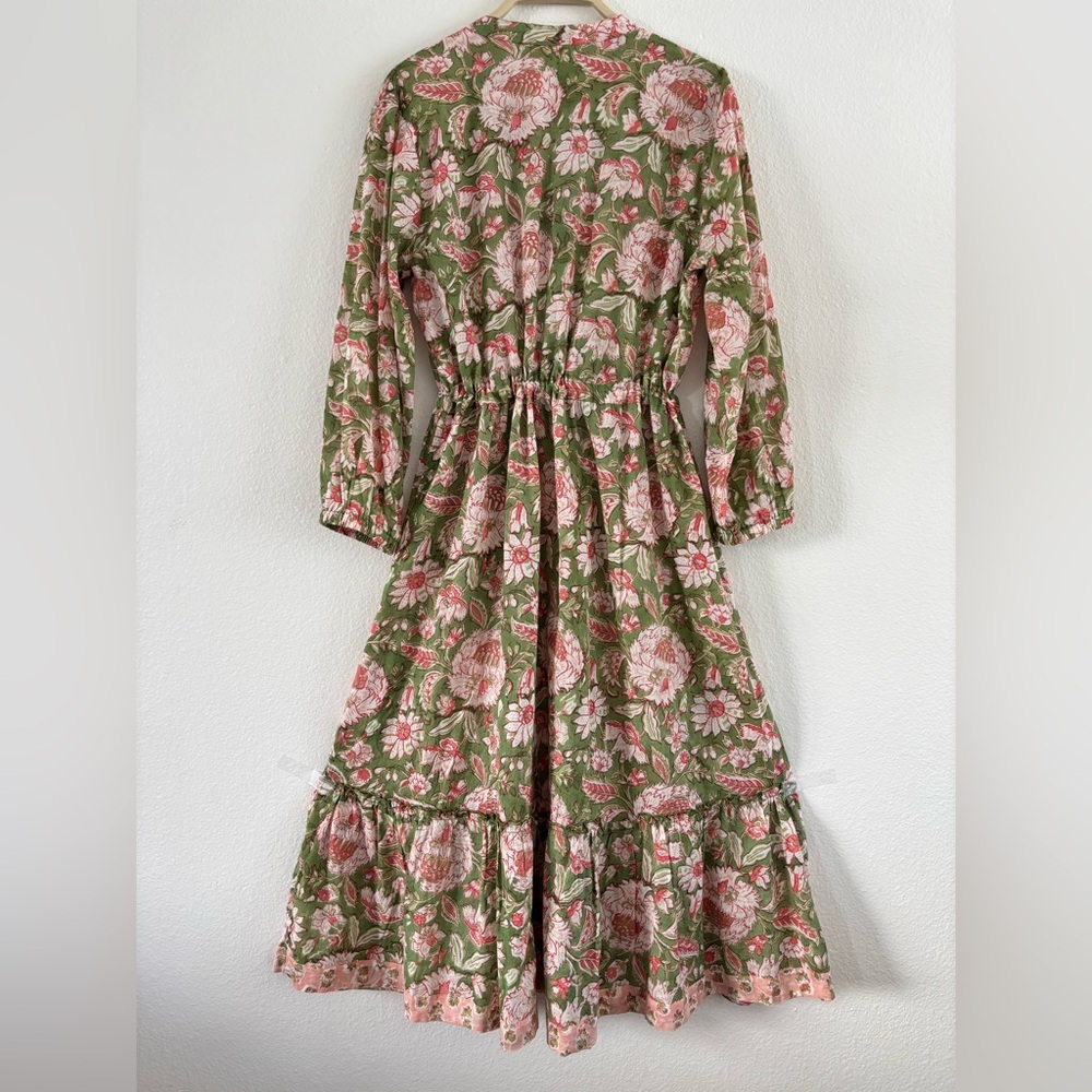 Pacific & Rose Textiles - Hilia Midi Tiered Dress, Pink & Green Floral - Picture 10 of 11